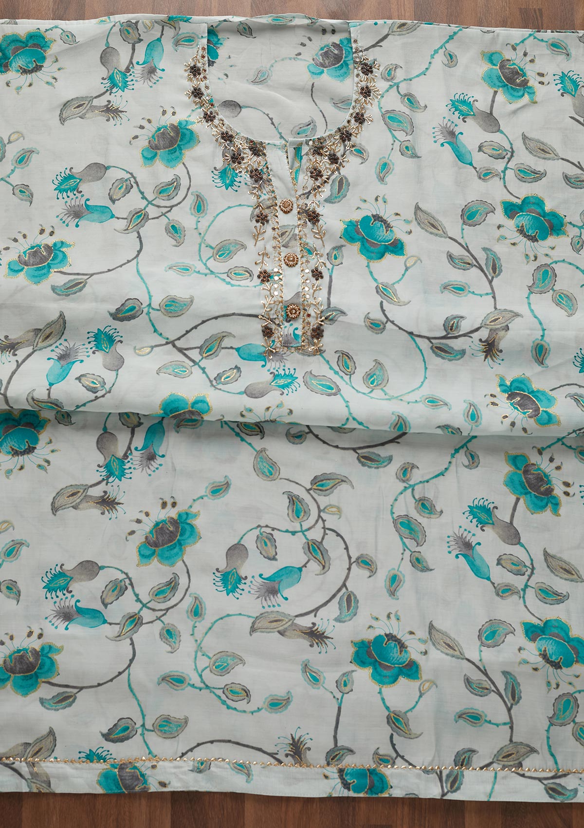 Sky Blue Mirrorwork Semi Crepe Designer Semi-Stitched Salwar Suit - Koskii
