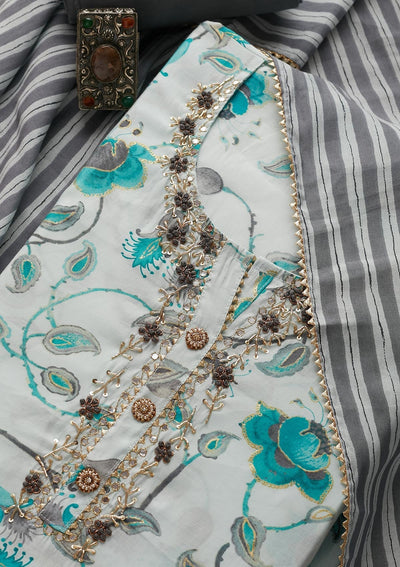 Sky Blue Mirrorwork Semi Crepe Designer Semi-Stitched Salwar Suit - Koskii