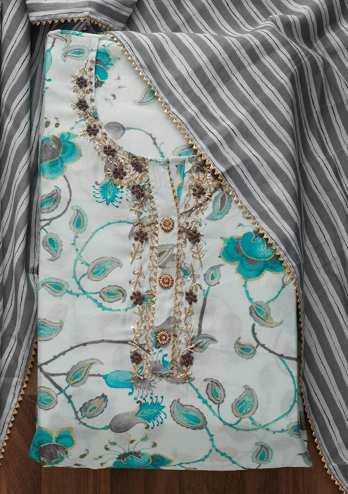 Sky Blue Mirrorwork Semi Crepe Designer Semi-Stitched Salwar Suit - Koskii