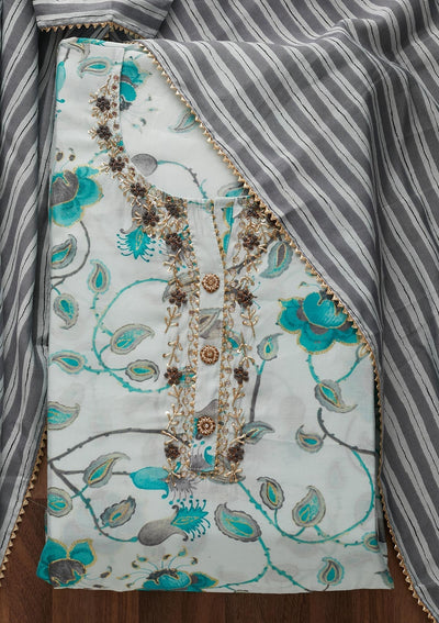 Sky Blue Mirrorwork Semi Crepe Designer Semi-Stitched Salwar Suit - Koskii