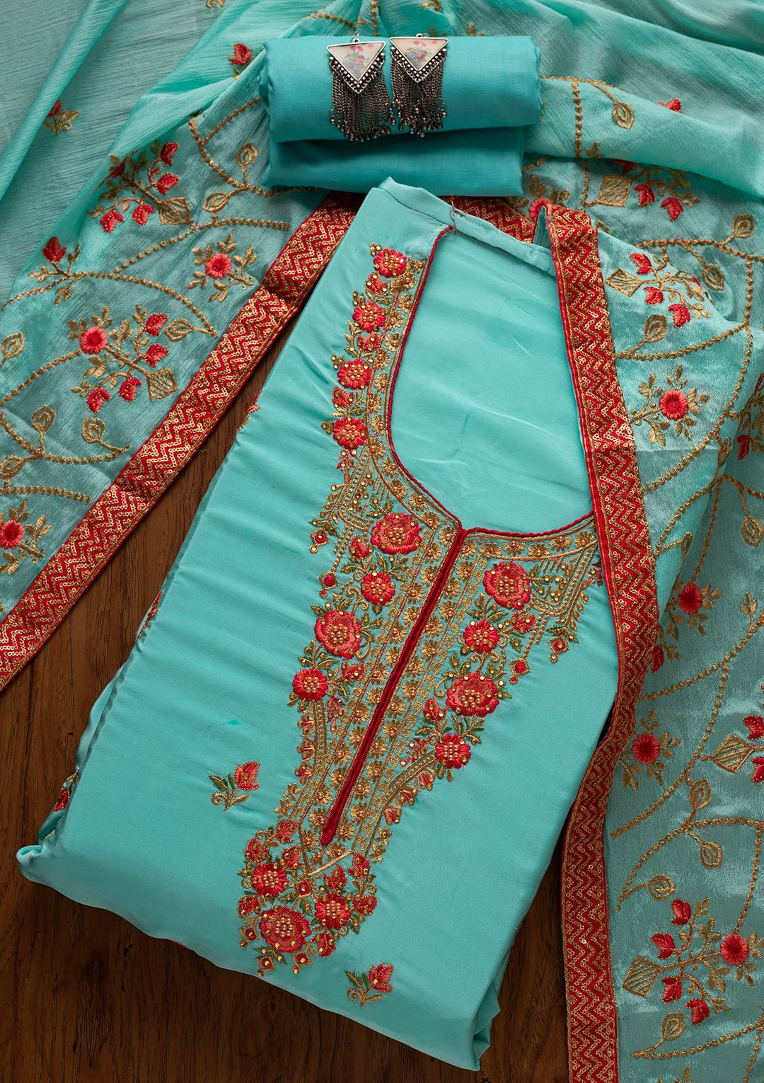 Sky Blue Pearlwork Semi Crepe Designer Unstitched Salwar Suit - koskii