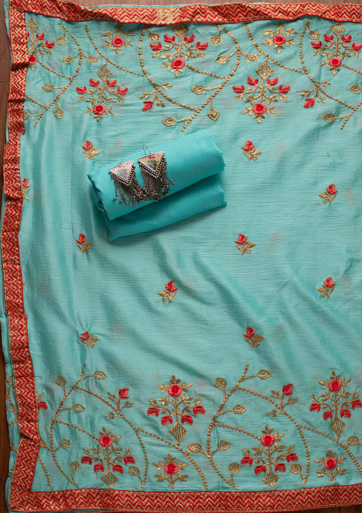 Sky Blue Pearlwork Semi Crepe Designer Unstitched Salwar Suit - koskii