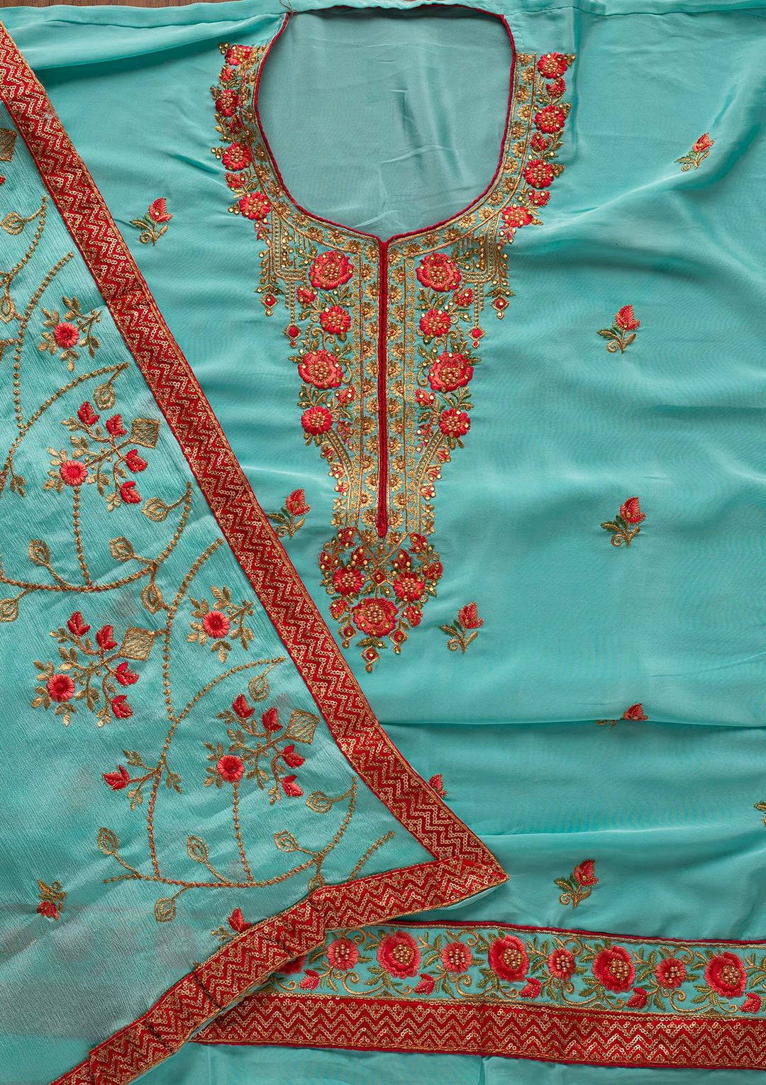 Sky Blue Pearlwork Semi Crepe Designer Unstitched Salwar Suit - koskii
