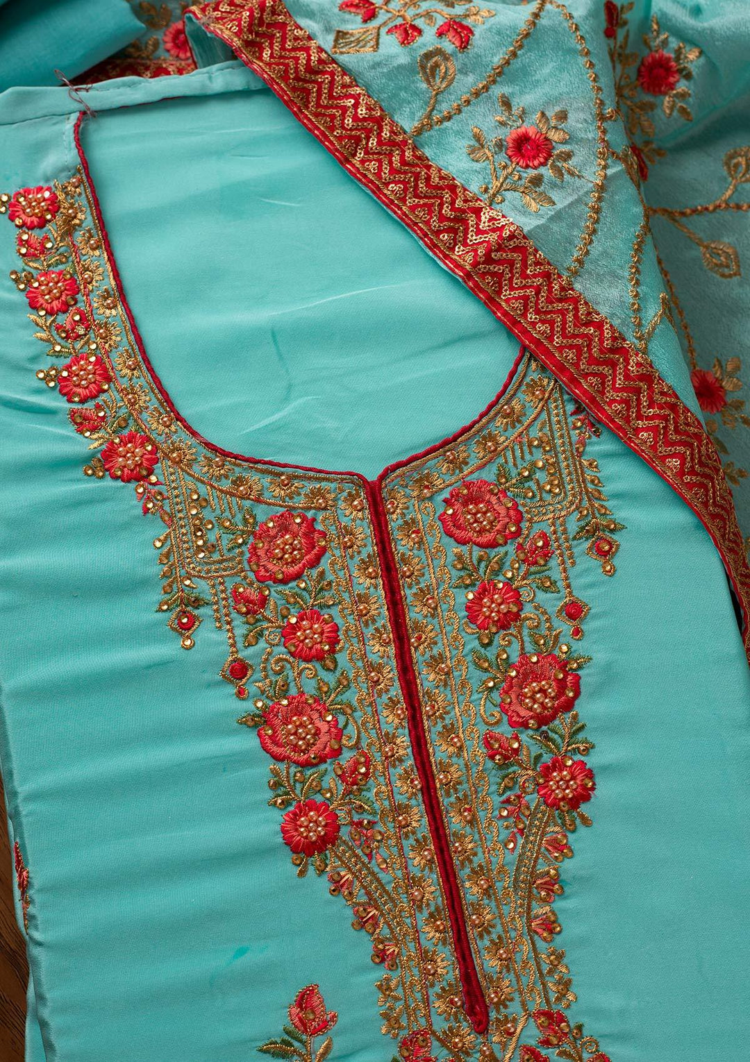 Sky Blue Pearlwork Semi Crepe Designer Unstitched Salwar Suit - koskii