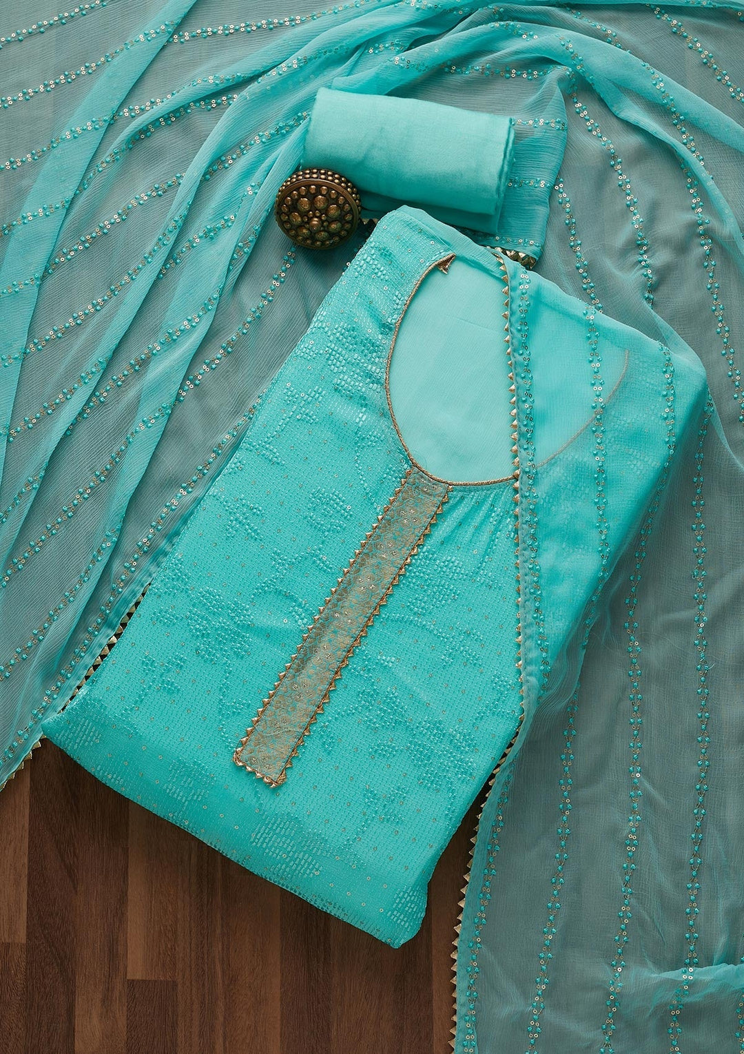 Sky Blue Sequins Georgette Semi-Stitched Salwar Suit-Koskii