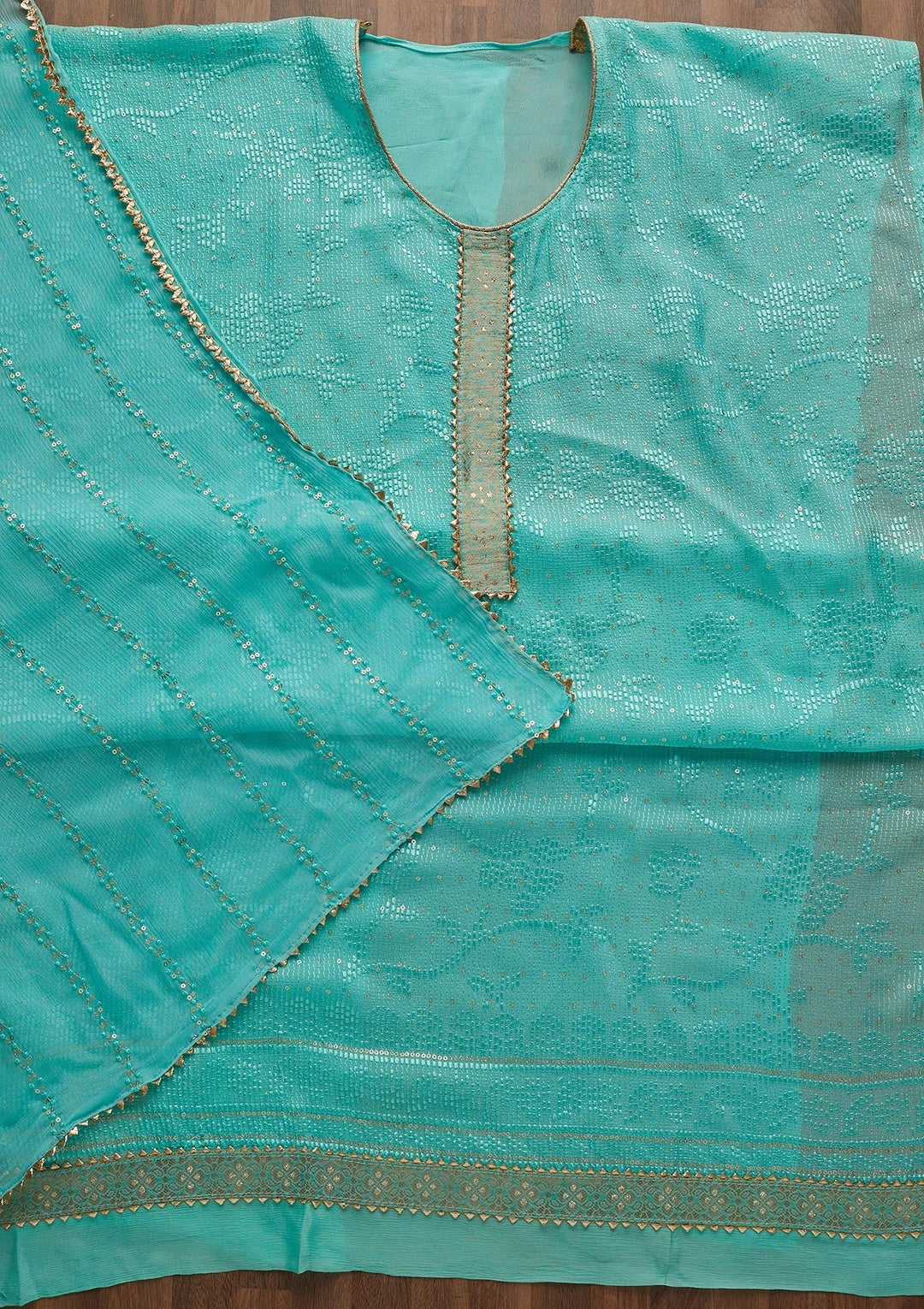 Sky Blue Sequins Georgette Semi-Stitched Salwar Suit-Koskii