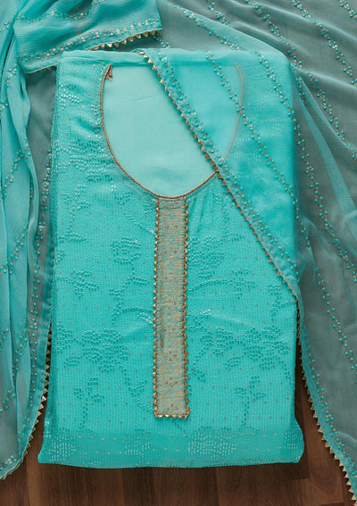 Sky Blue Sequins Georgette Semi-Stitched Salwar Suit-Koskii