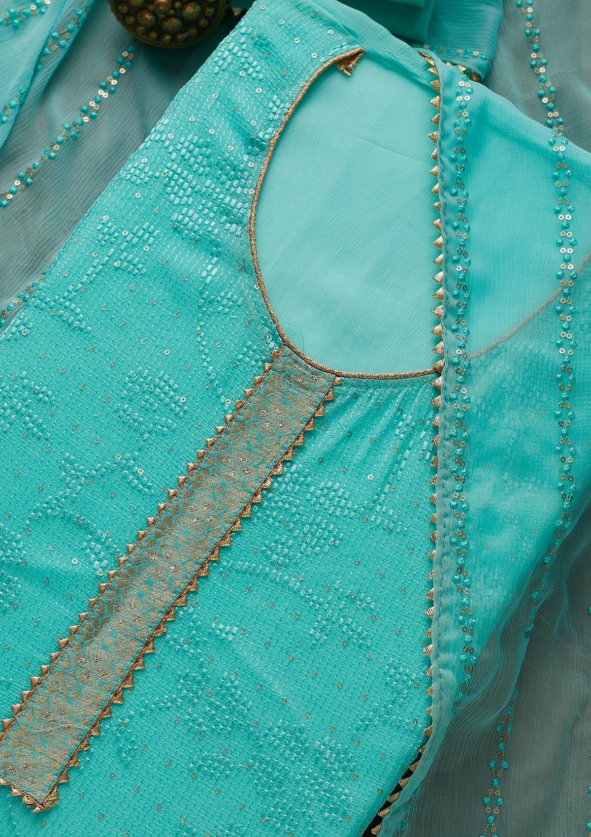 Sky Blue Sequins Georgette Semi-Stitched Salwar Suit-Koskii