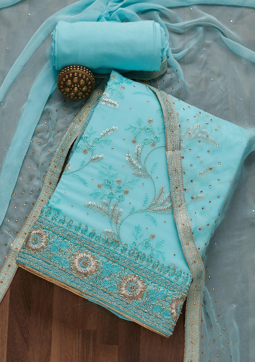 Sky Blue Sequins Georgette Unstitched Salwar Suit- Koskii
