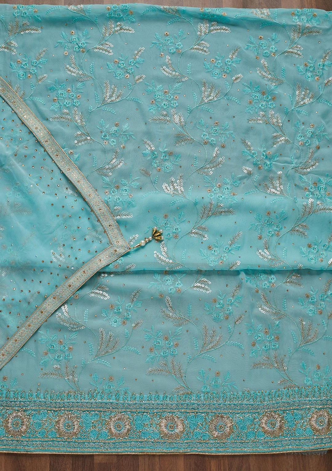 Sky Blue Sequins Georgette Unstitched Salwar Suit - Koskii
