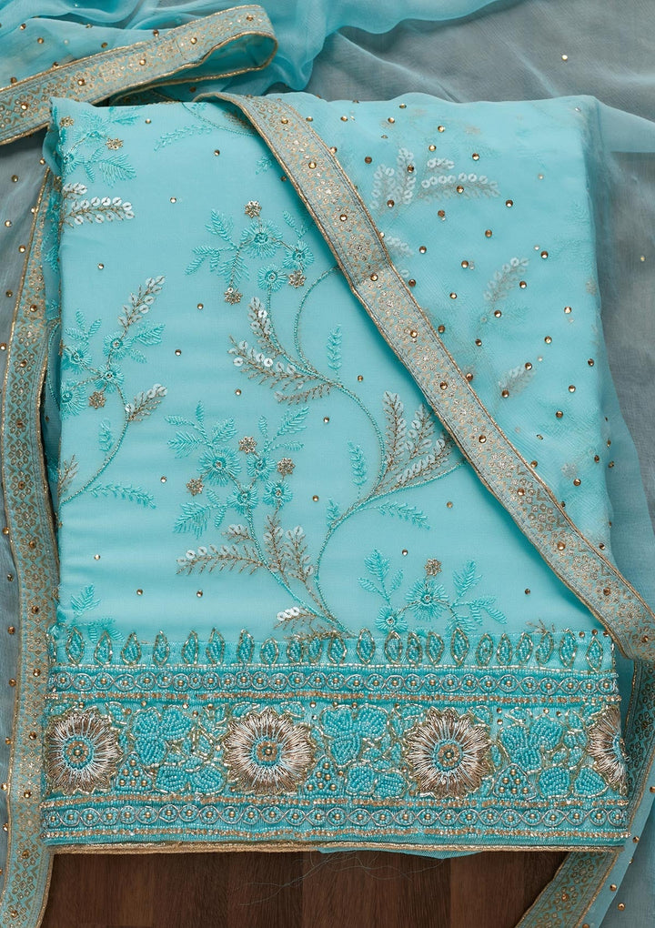 Sky Blue Sequins Georgette Unstitched Salwar Suit - Koskii