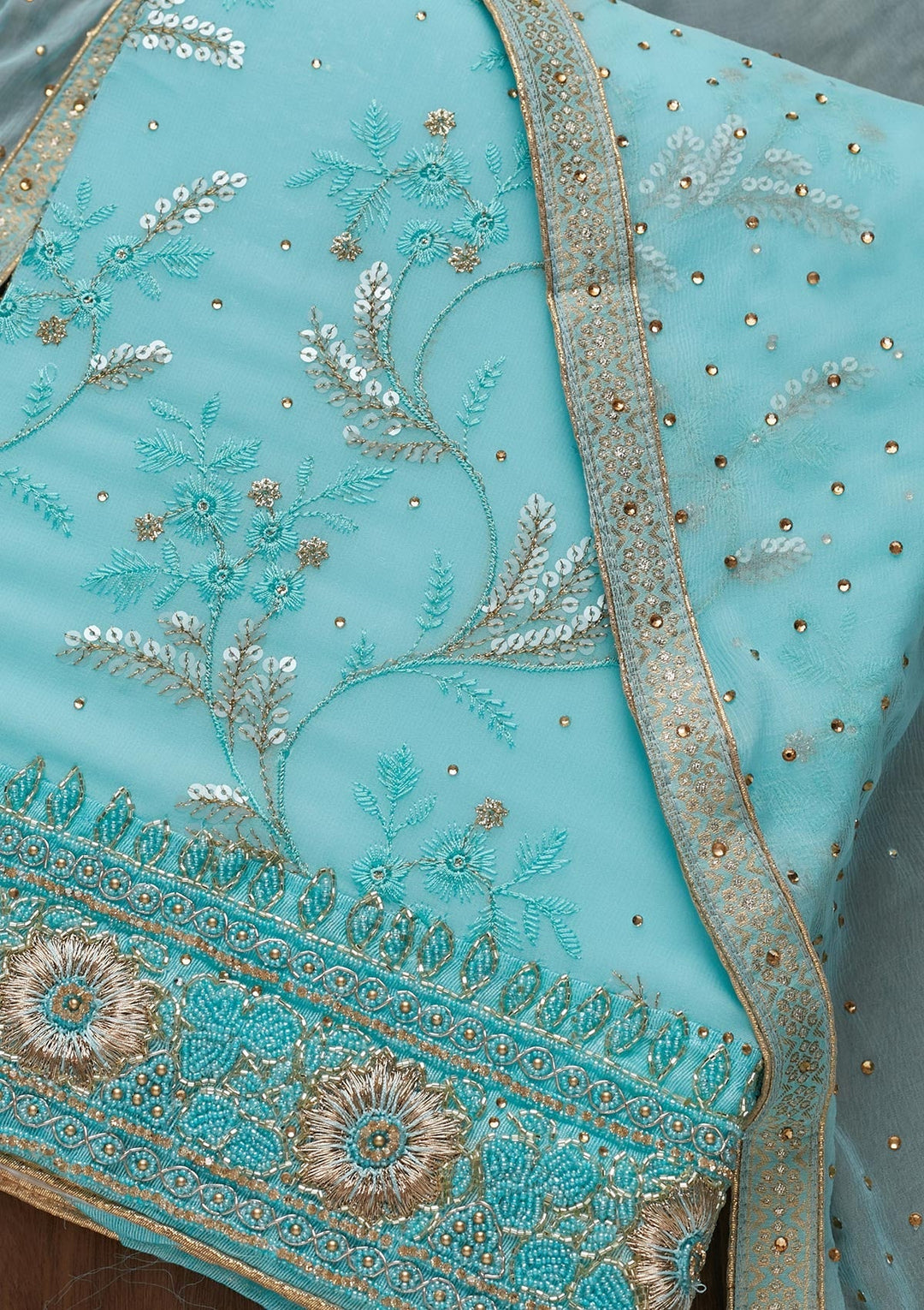 Sky Blue Sequins Georgette Unstitched Salwar Suit - Koskii