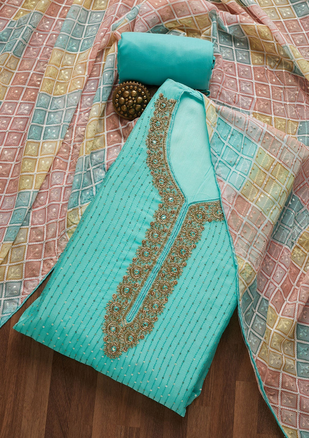 Sky Blue Sequins Georgette Unstitched Salwar Suit-Koskii