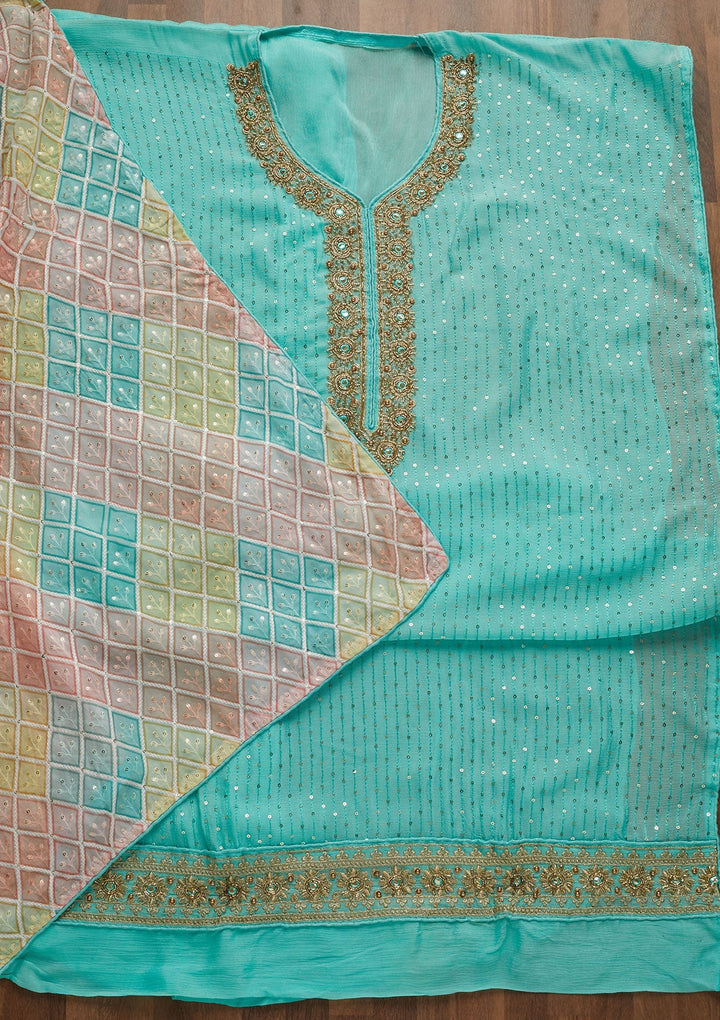 Sky Blue Sequins Georgette Unstitched Salwar Suit-Koskii
