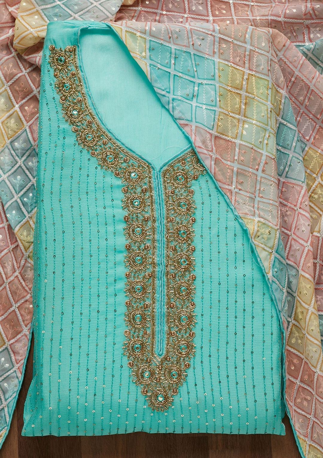 Sky Blue Sequins Georgette Unstitched Salwar Suit-Koskii