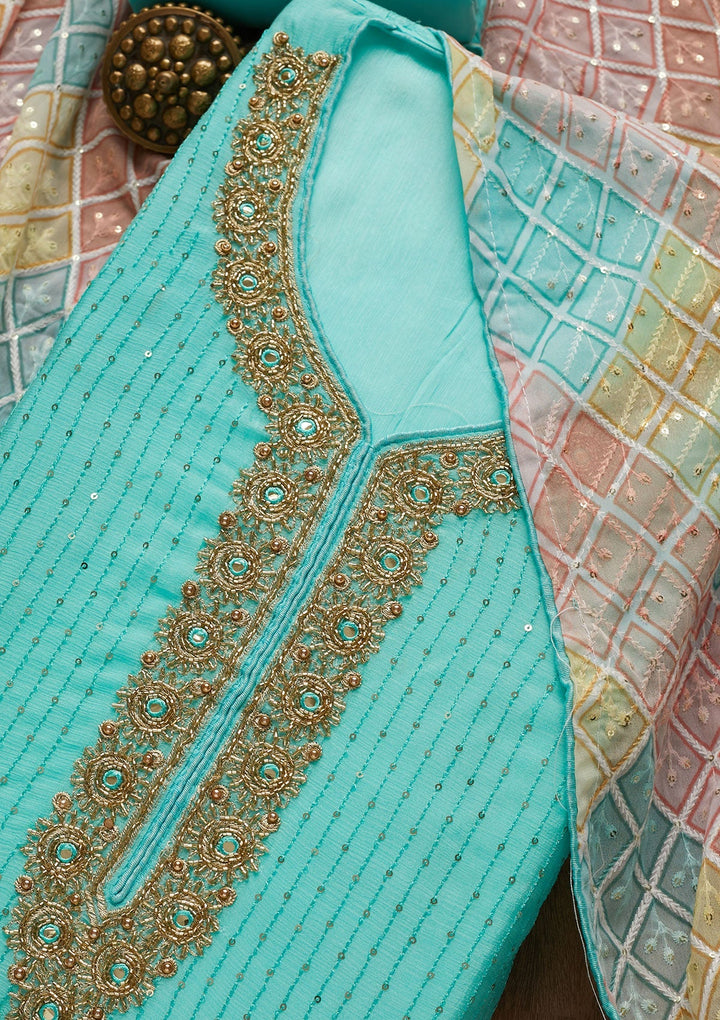 Sky Blue Sequins Georgette Unstitched Salwar Suit-Koskii