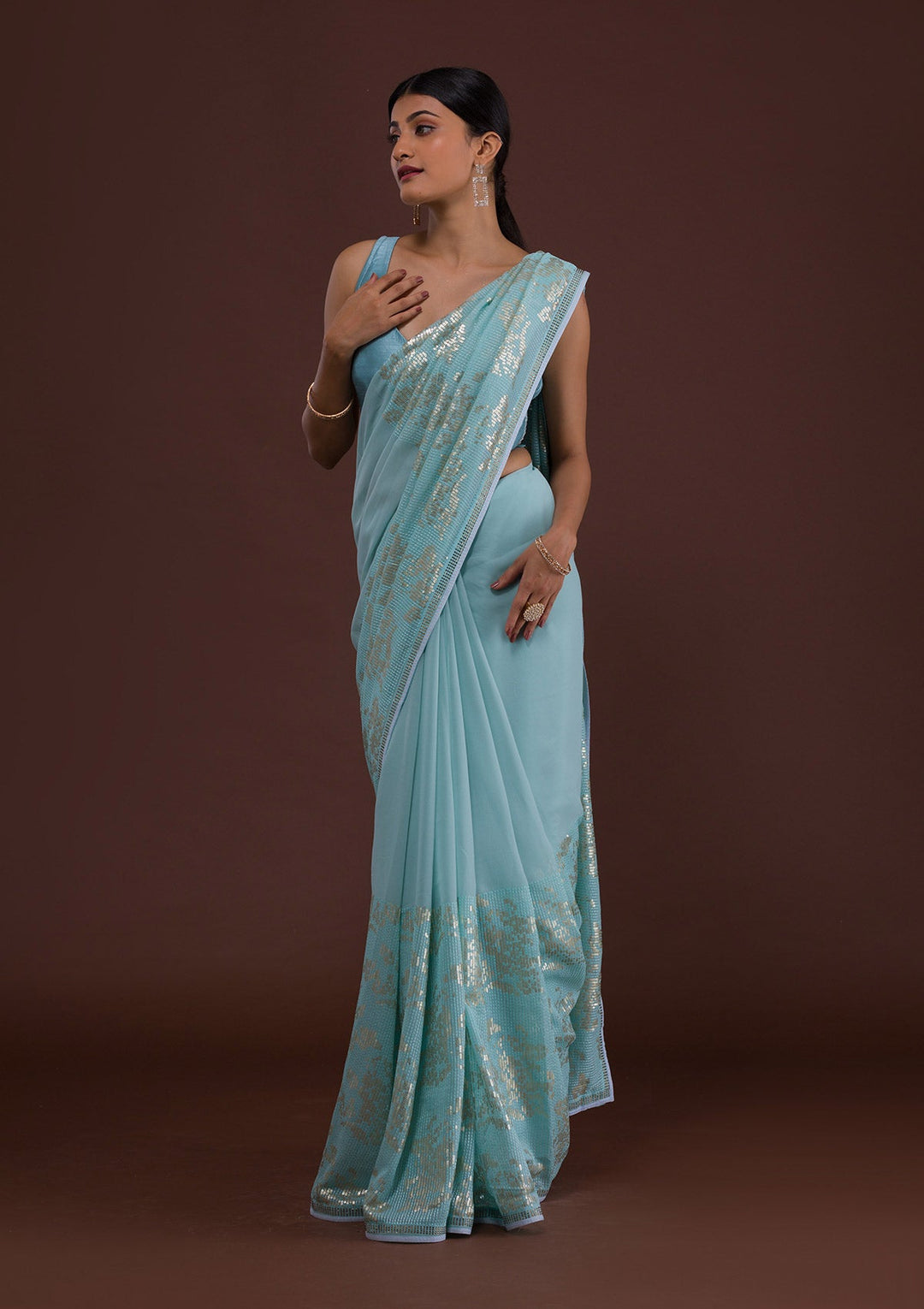 Sky Blue Sequins Georgette Designer Saree-Koskii