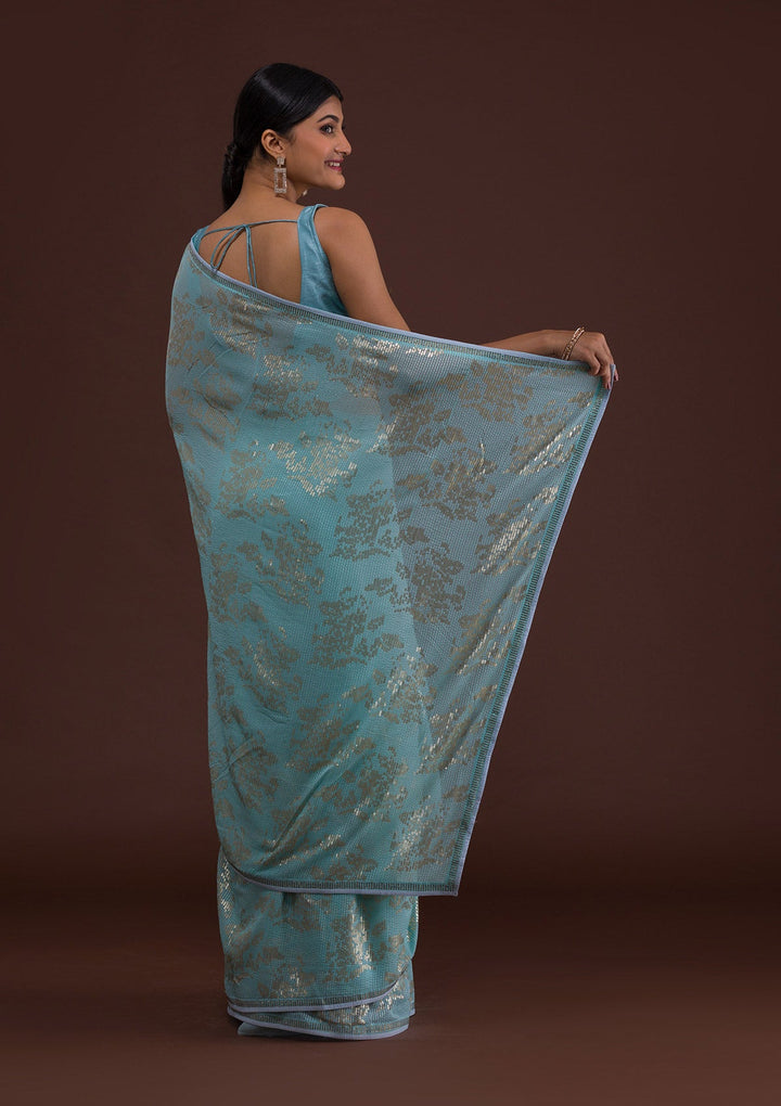 Sky Blue Sequins Georgette Designer Saree-Koskii