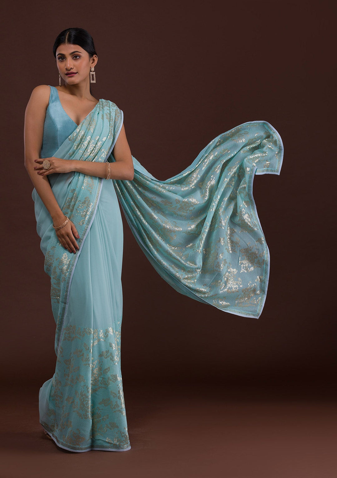 Sky Blue Sequins Georgette Designer Saree-Koskii