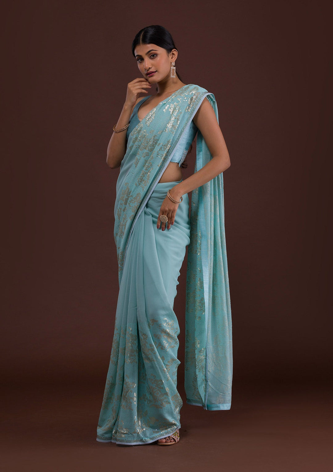 Sky Blue Sequins Georgette Designer Saree-Koskii