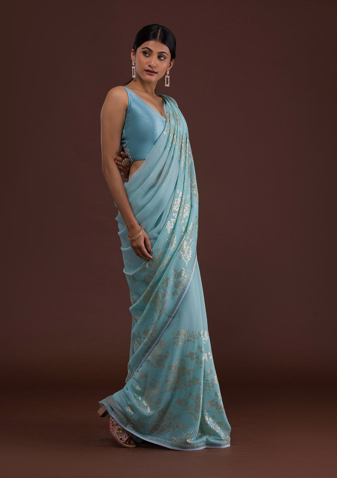 Sky Blue Sequins Georgette Designer Saree-Koskii