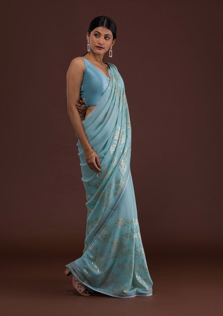 Sky Blue Sequins Georgette Designer Saree-Koskii