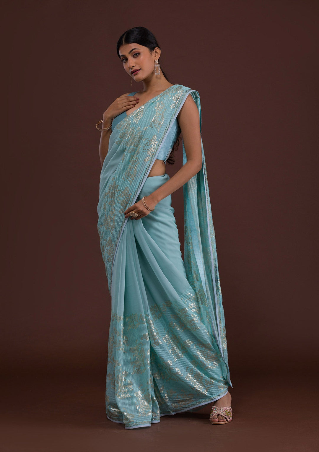 Sky Blue Sequins Georgette Designer Saree-Koskii