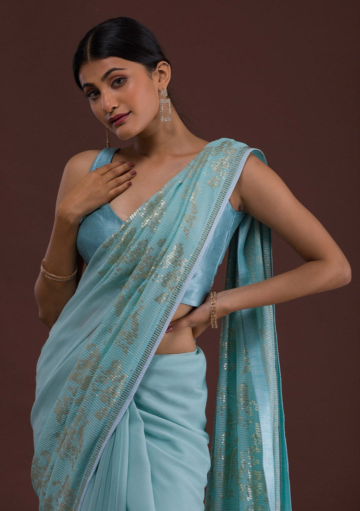 Sky Blue Sequins Georgette Designer Saree-Koskii
