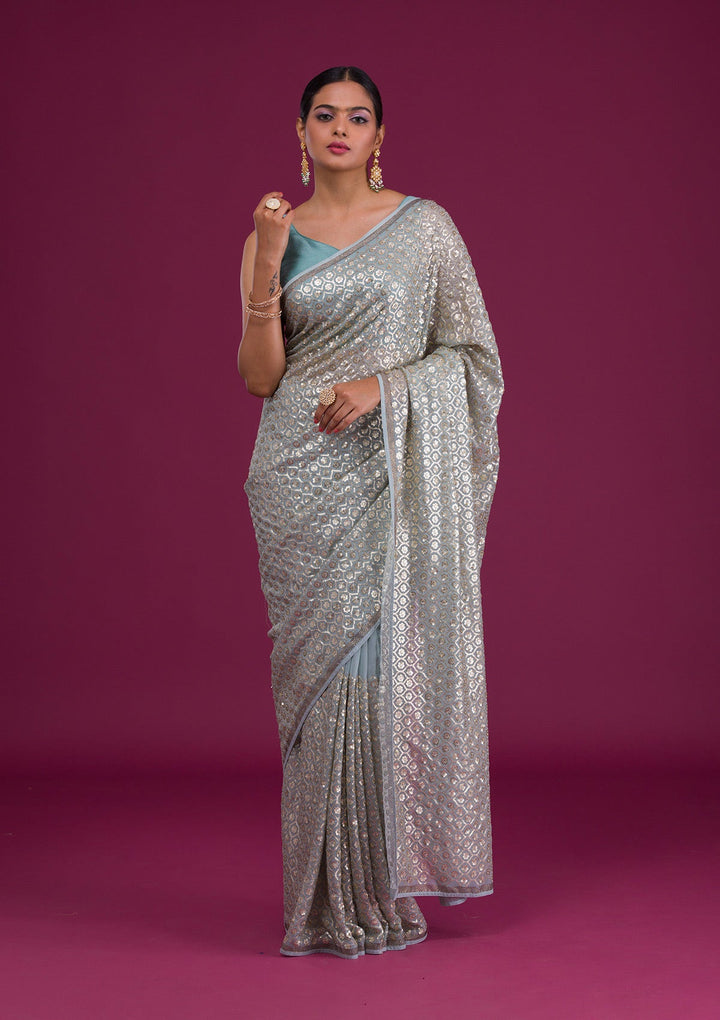 Sky Blue Sequins Georgette Saree-Koskii