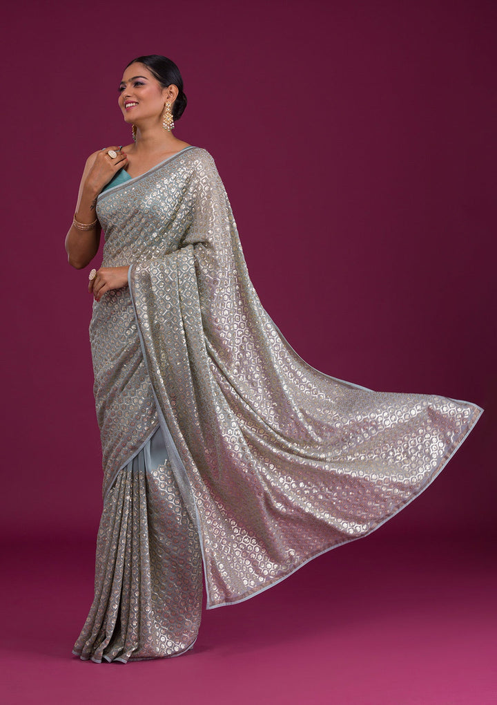 Sky Blue Sequins Georgette Unstitched Saree-Koskii