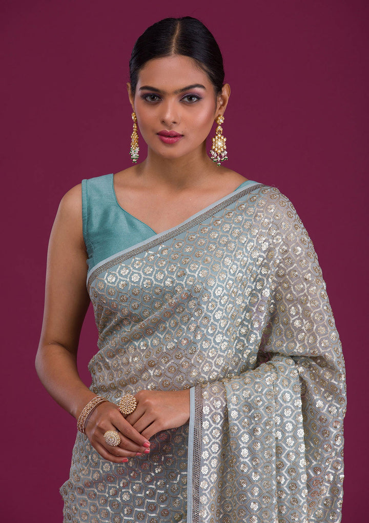 Sky Blue Sequins Georgette Unstitched Saree-Koskii