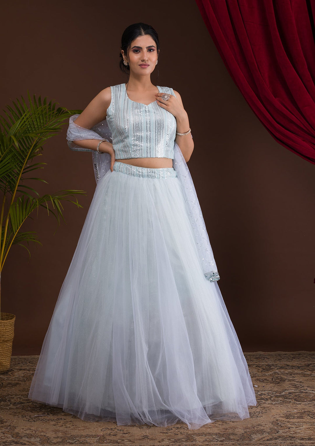Sky Blue Sequins Net Designer Lehenga-Koskii