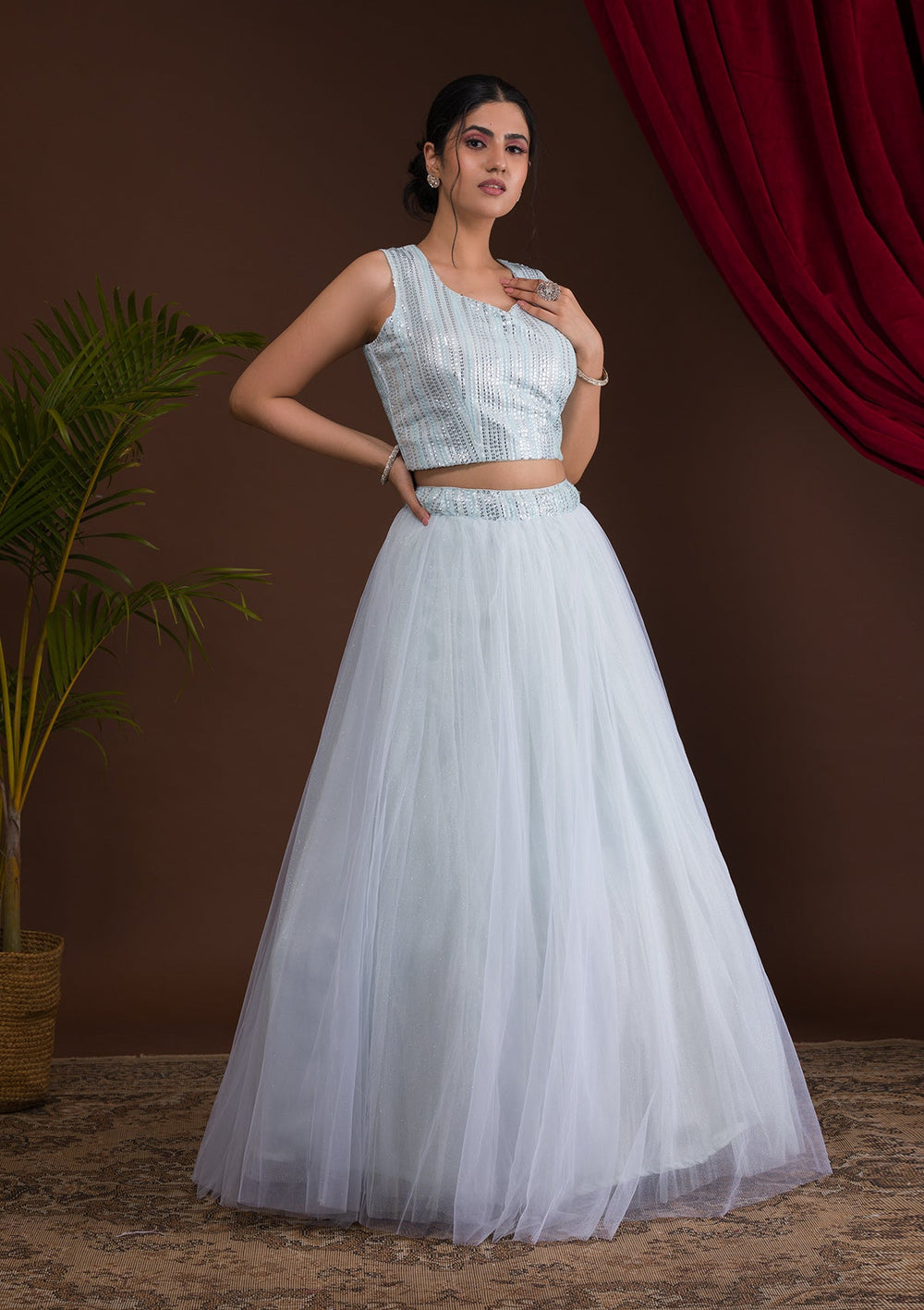 Sky Blue Sequins Net Readymade Lehenga-Koskii
