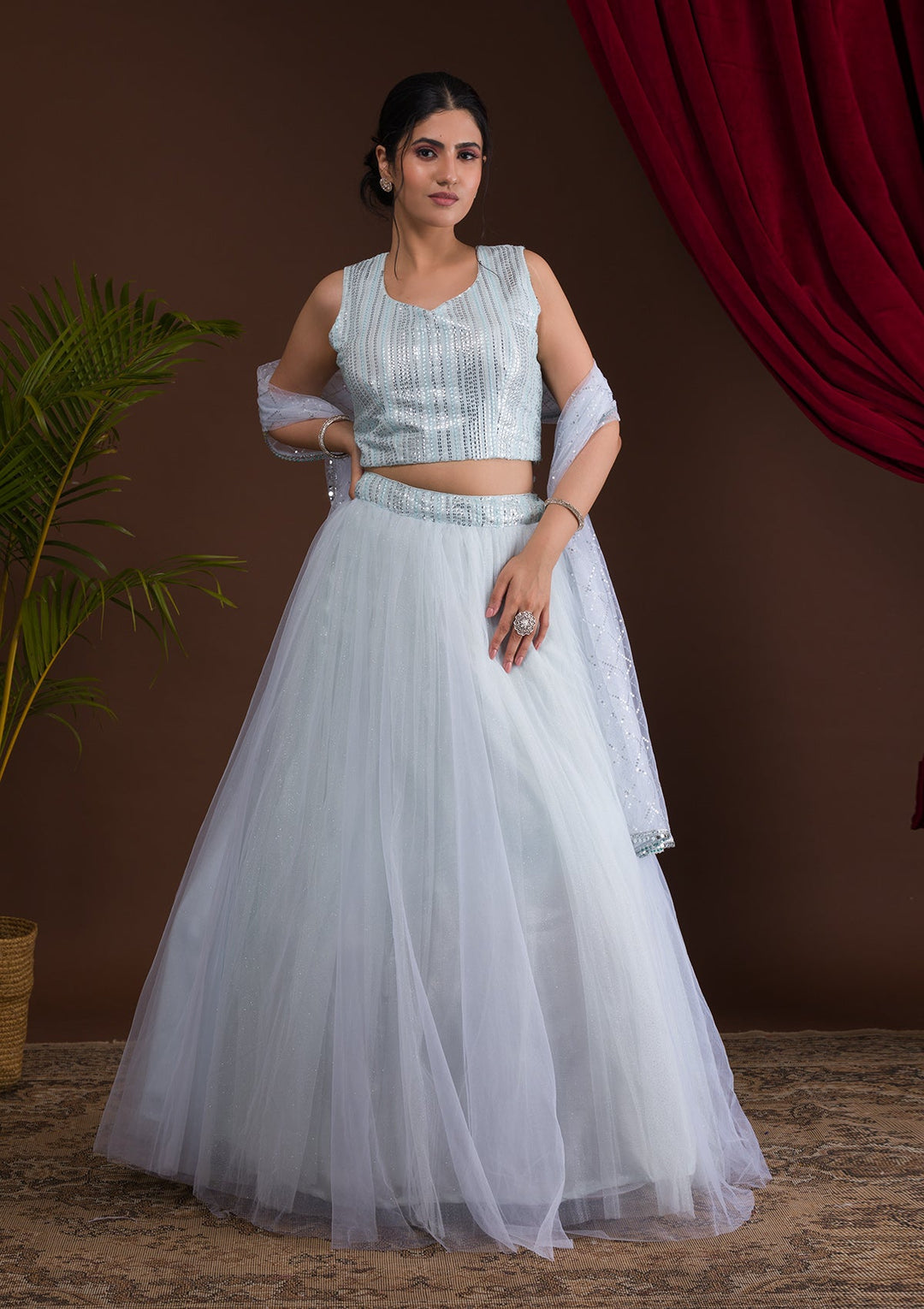 Sky Blue Sequins Net Readymade Lehenga-Koskii