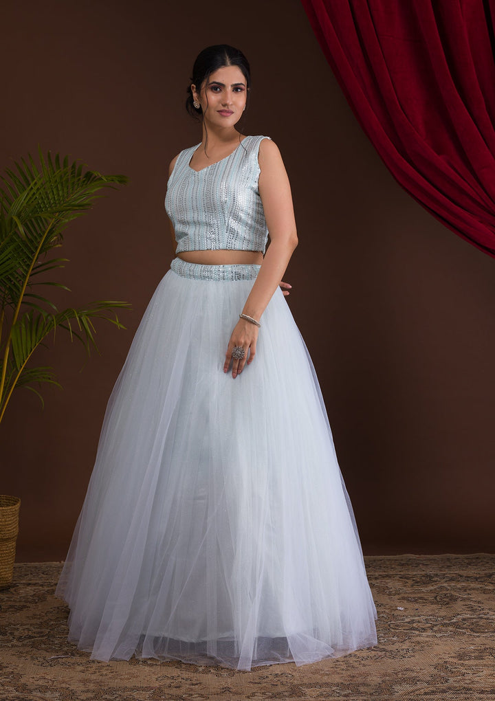 Sky Blue Sequins Net Readymade Lehenga-Koskii