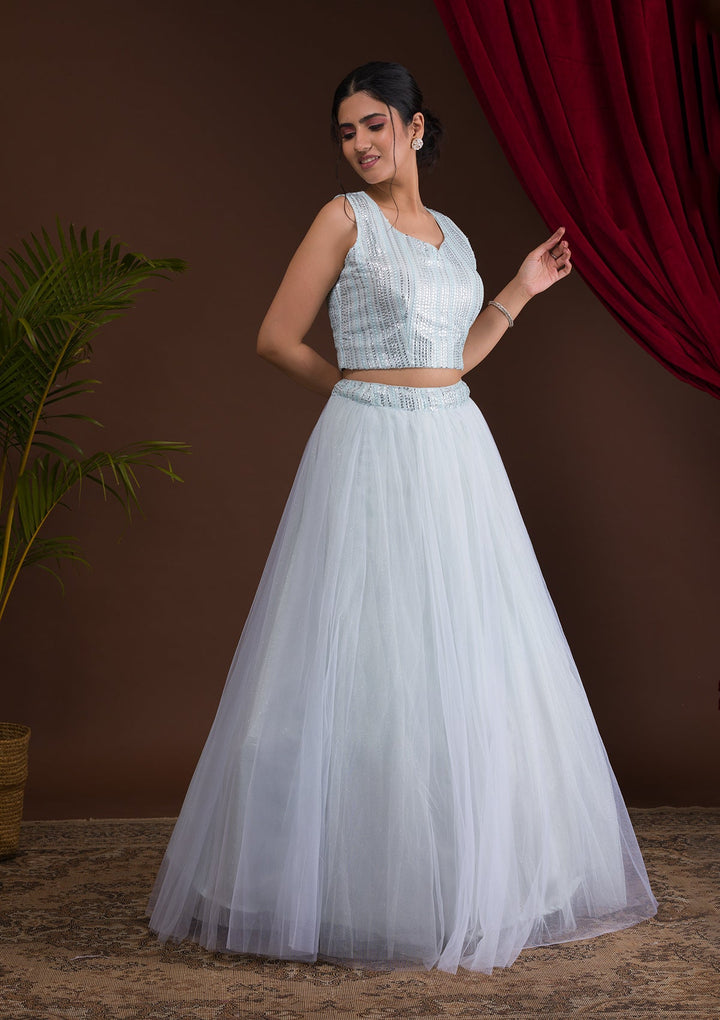 Sky Blue Sequins Net Readymade Lehenga-Koskii