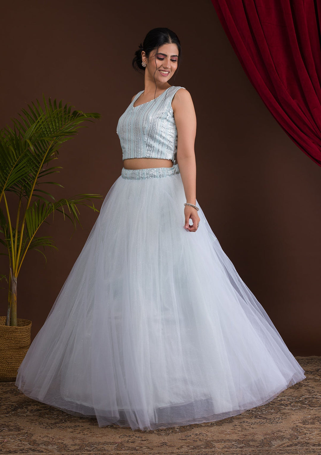 Sky Blue Sequins Net Readymade Lehenga-Koskii