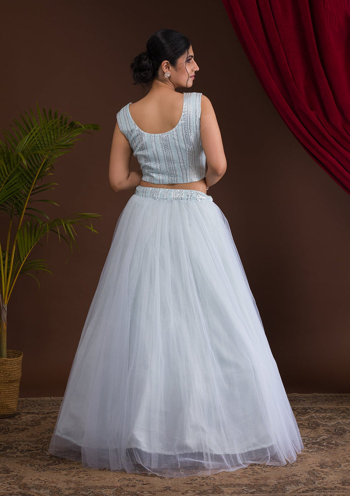 Sky Blue Sequins Net Readymade Lehenga-Koskii