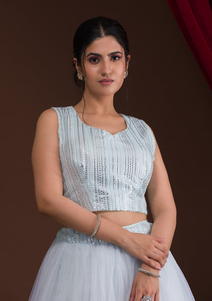 Sky Blue Sequins Net Readymade Lehenga-Koskii