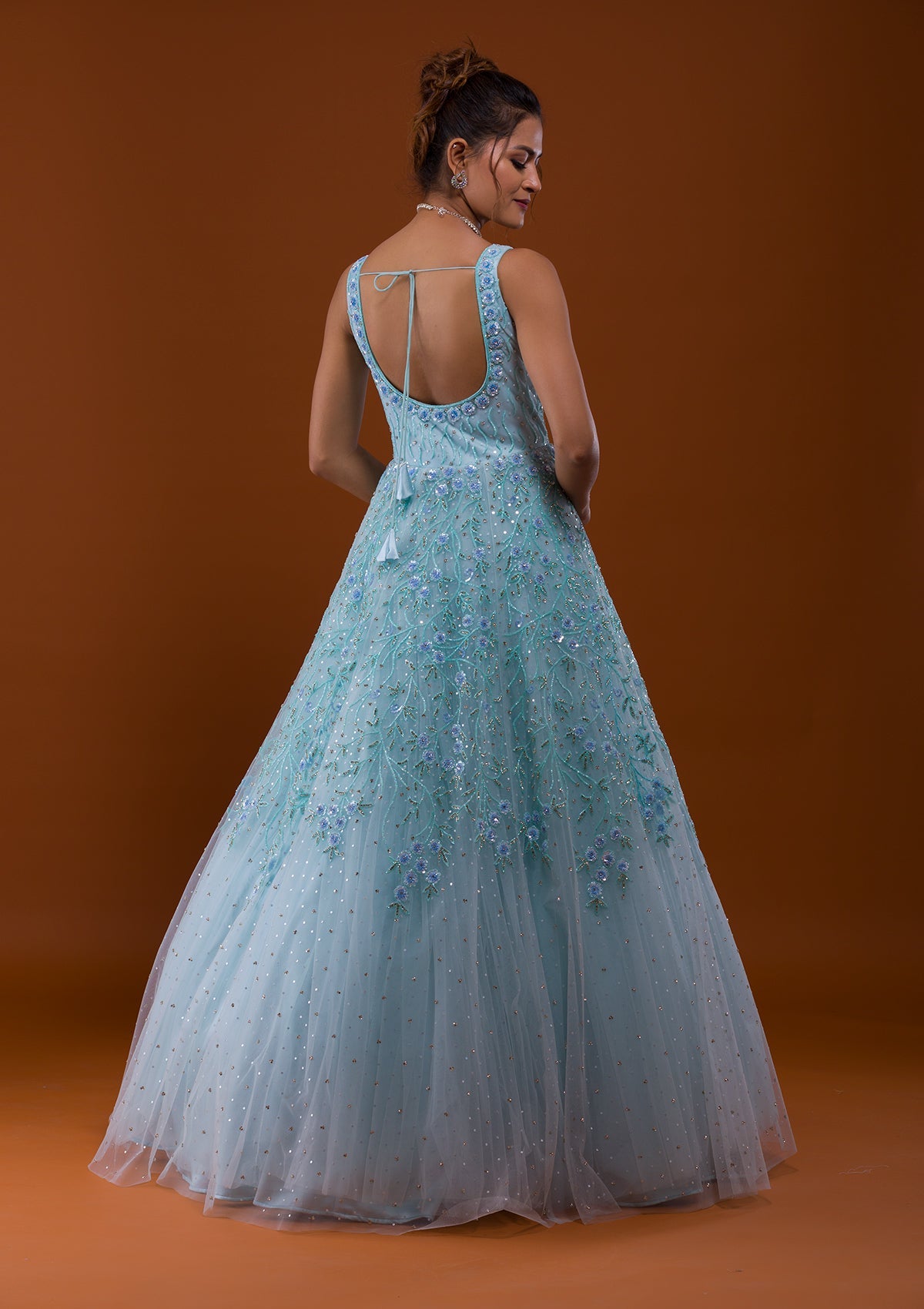 Sky Blue Sequins Net Designer Gown-Koskii