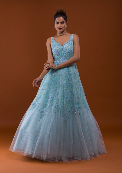 Sky Blue Sequins Net Designer Gown-Koskii