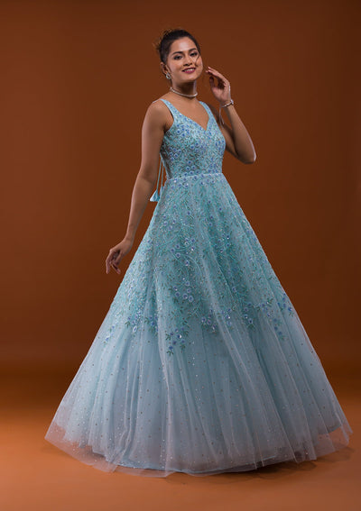 Sky Blue Sequins Net Designer Gown-Koskii