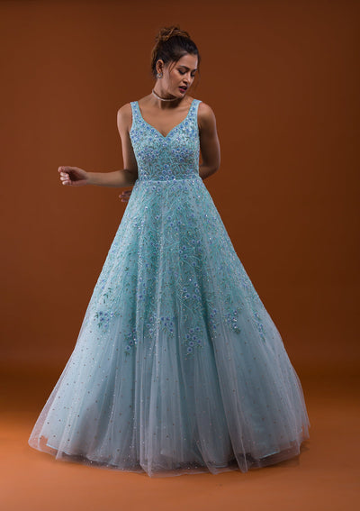 Sky Blue Sequins Net Designer Gown-Koskii