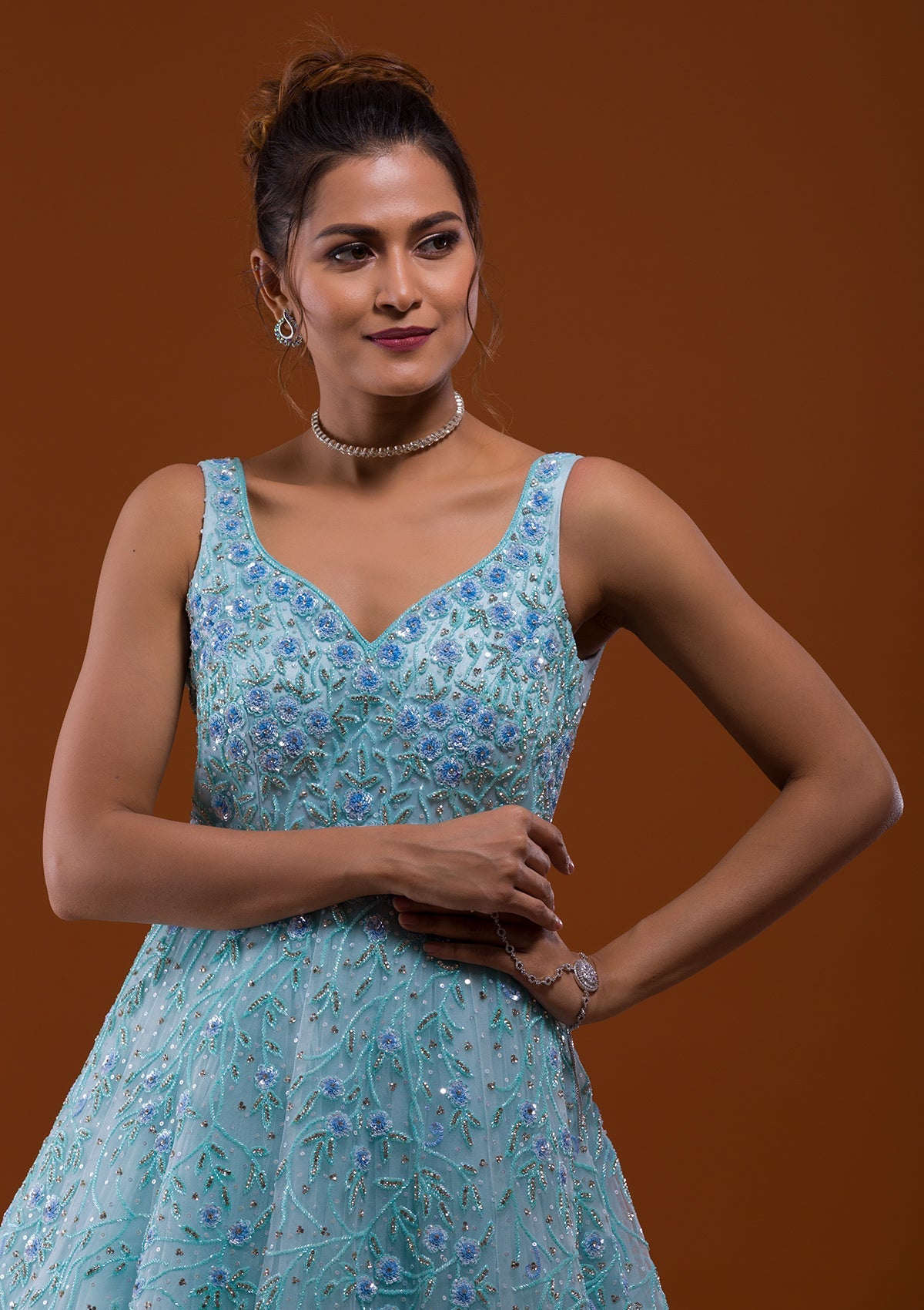 Sky Blue Sequins Net Designer Gown-Koskii