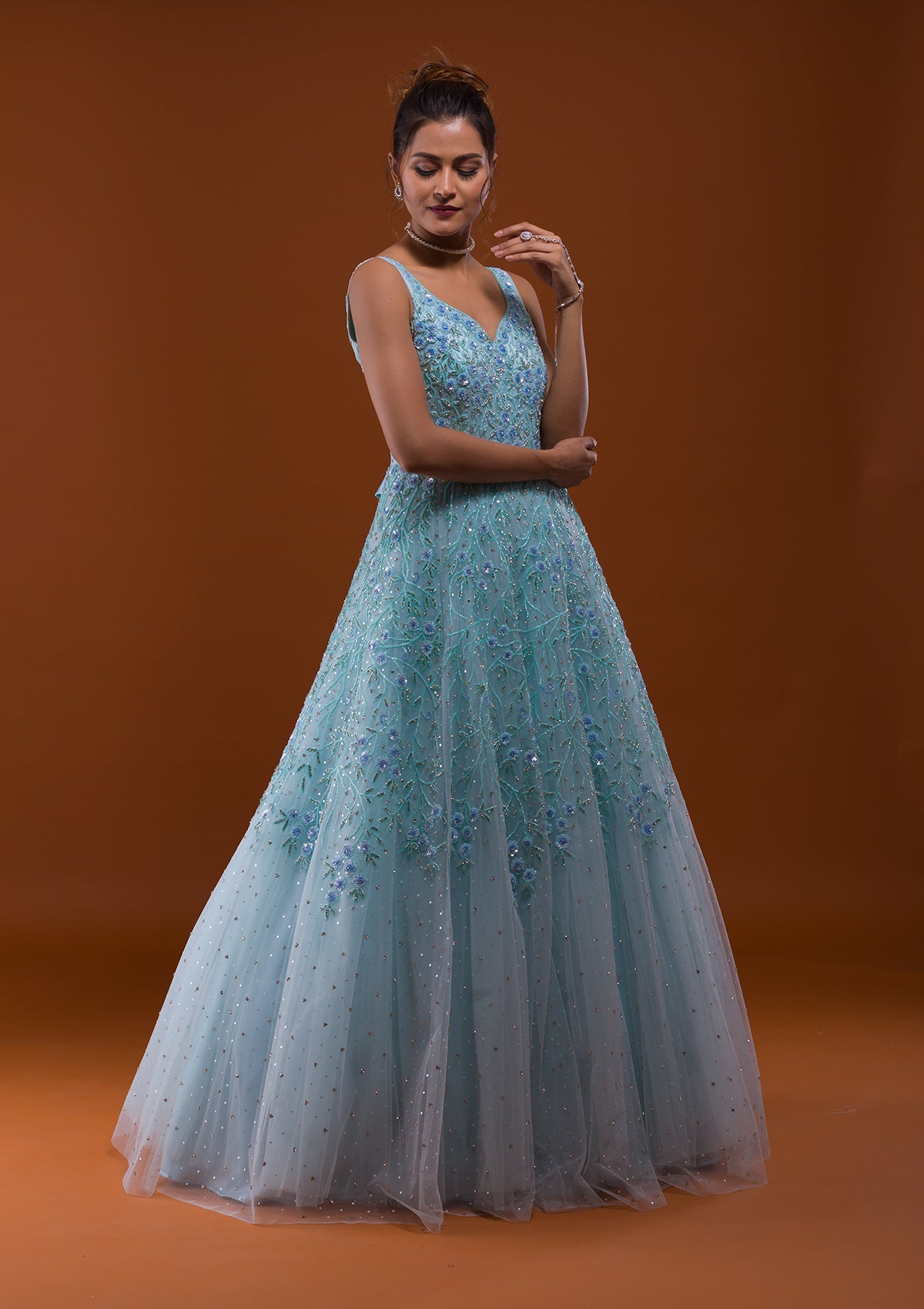 Sky Blue Sequins Net Designer Gown-Koskii