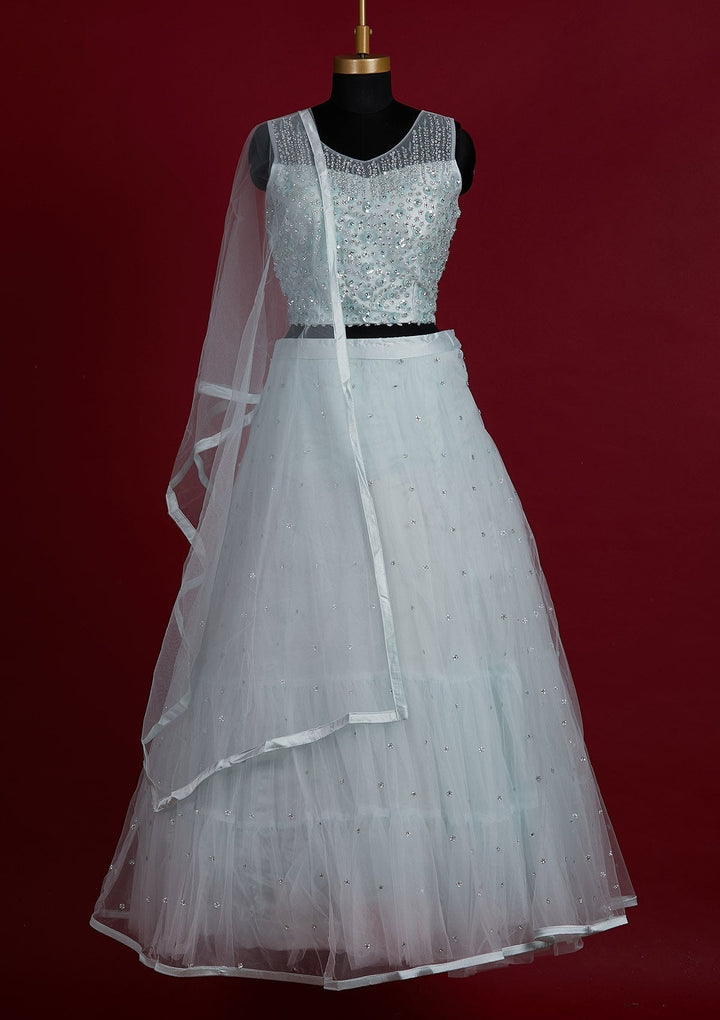Sky Blue Sequins Net Designer Lehenga - Koskii