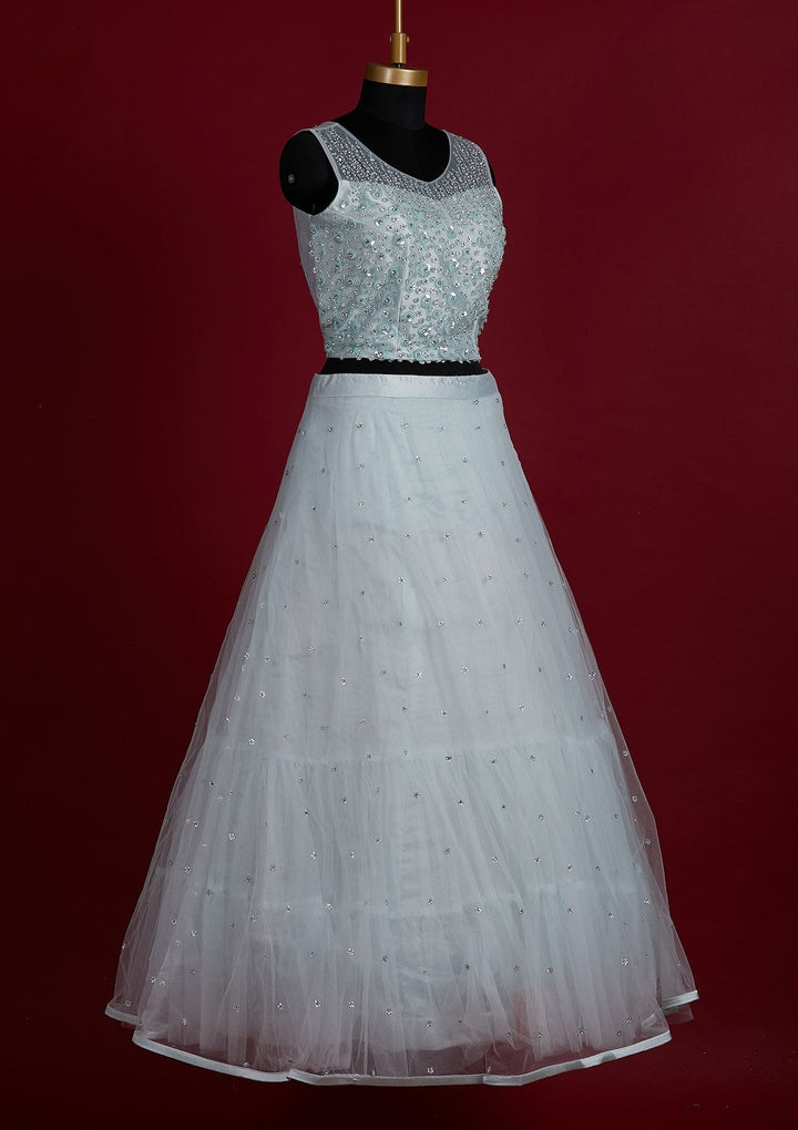 Sky Blue Sequins Net Designer Lehenga - Koskii