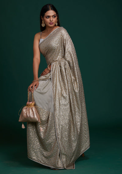 Grey Sequins Net Saree - Koskii