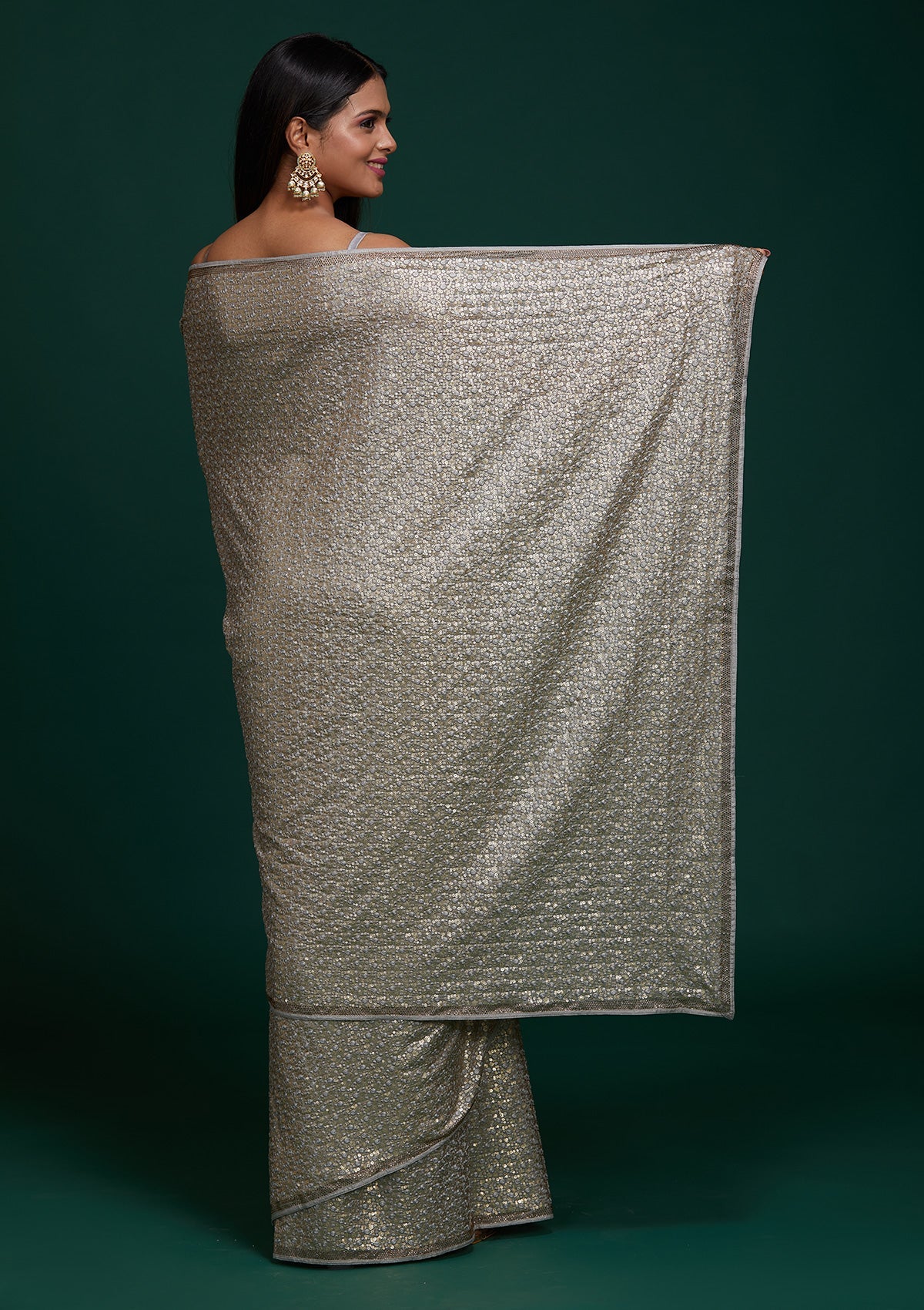 Grey Sequins Net Saree - Koskii