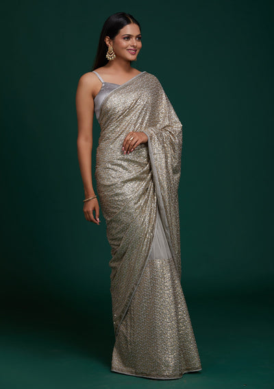 Grey Sequins Net Saree - Koskii